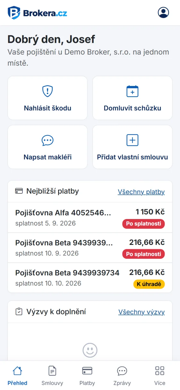 Klientská zóna: přehled klienta s rychlými akcemi a platbami